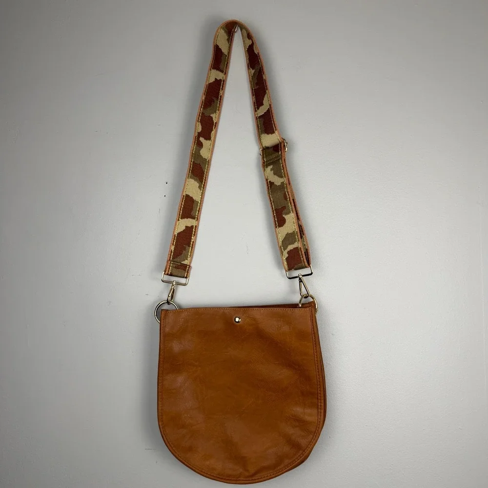 Ahdorned Crossbody Bag Women's Brown Faux Leather U-Shaped Camo Adjustable Strap